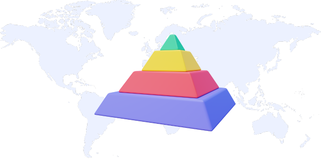 Light gray world map in the background with a multiple color pyramid graphic in the middle of the graphic.