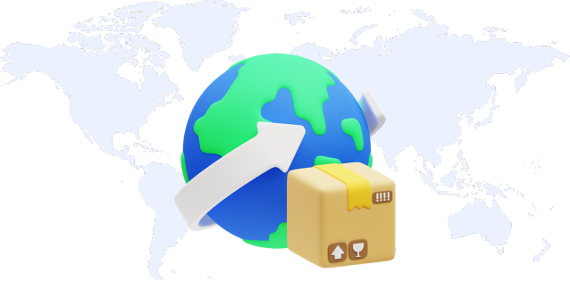 Transparent background with light blue flat world graphic with green and blue earth icon and white arrow around earth and light brown box icon next to the earth icon.