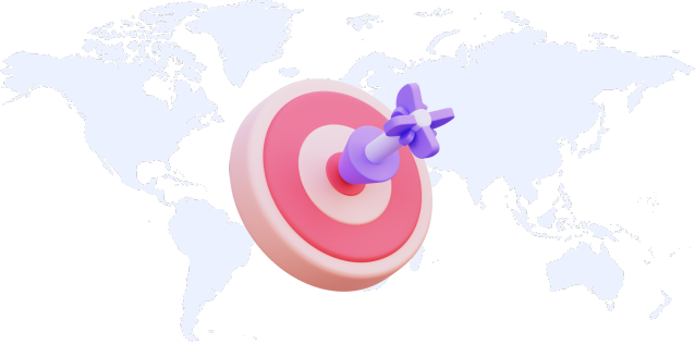Transparent background with light blue flat world map with a pink and white bullseye icon and purple and white dart in the middle of round dart board.