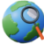 Transparent background with blue and green earth graphic with an orange and black magnifying glass over the earth graphic