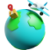 Transparent background with a earth light blue and green world icon with a red location arrow and white airplane on top of the earth graphic.