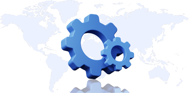 Transparent background with flat light blue world map graphic with a light blue and darker blue gears icon in the middle of the world map graphic.