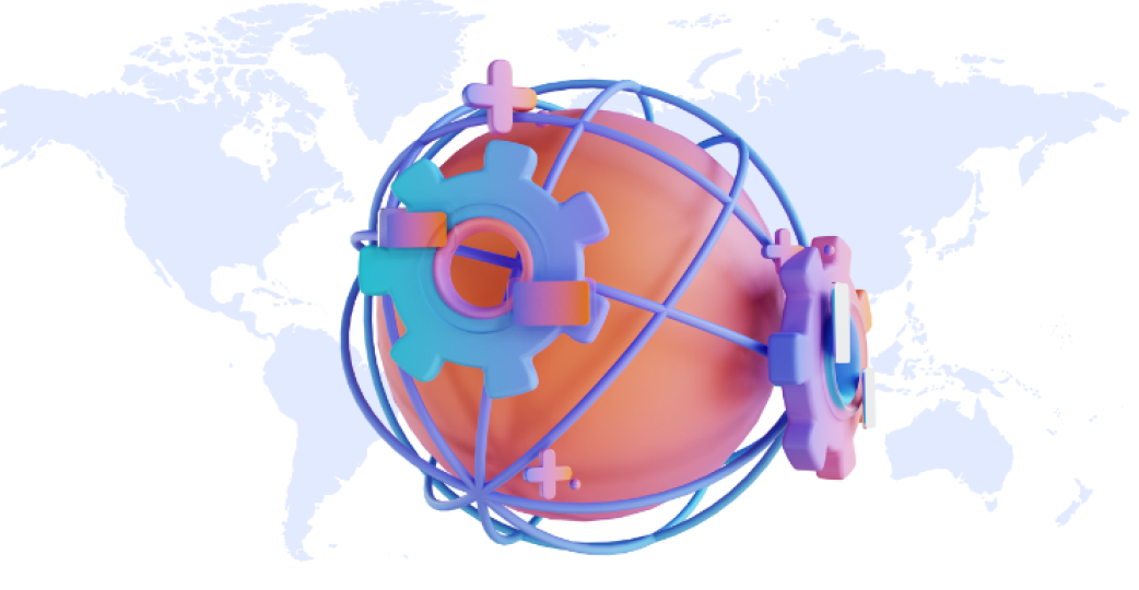Transparent light blue flat world map graphic with a orange sphere in the middle with blue cage with blue and orange gears icons ground sphere. 