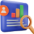 Transperant background with a dark purple and multi color bar chart with orange magnifying glass and person icon next to it.