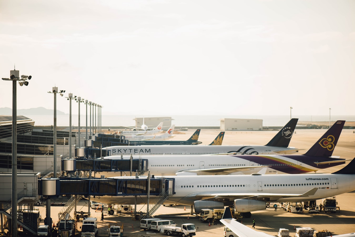 Different planes lined up at airport gates