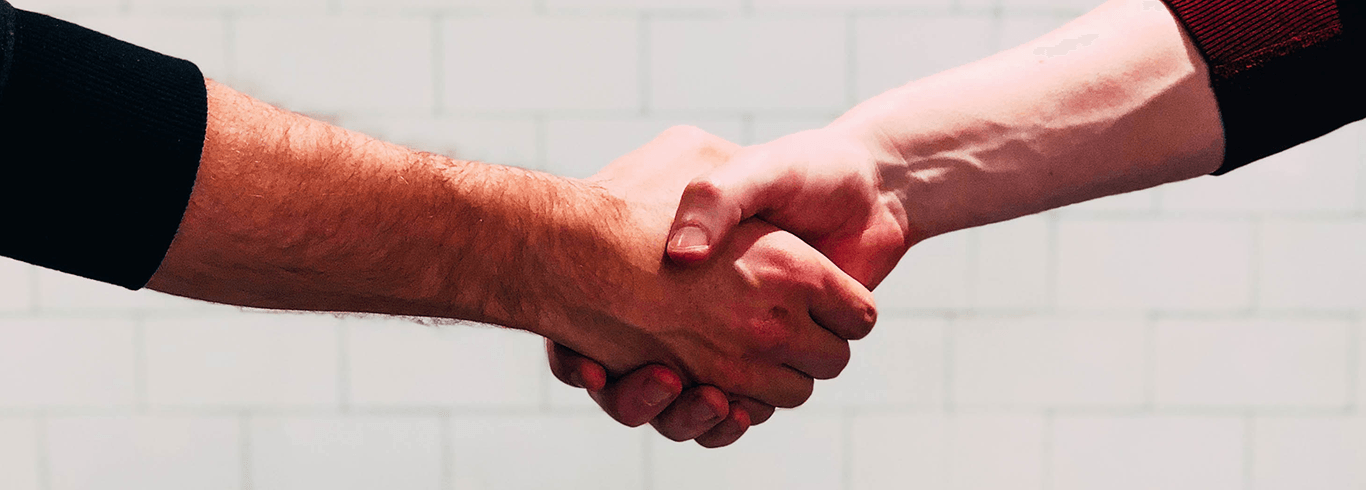 Two hands grasped together in front of a white background