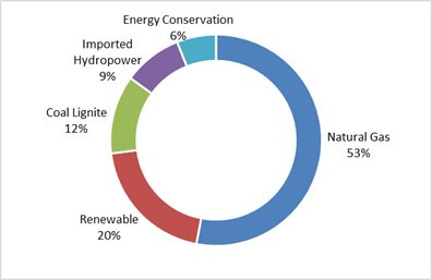 Natural Gas 53%, Renewable 20%, Coal Lignite 12%, Imported Hydro-power 9%, Energy Conservation 6%, 