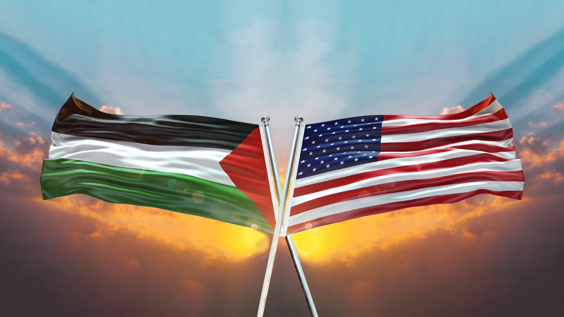 Double Flag United States of America vs Palestine flag waving flag with texture sky clouds and sunset background