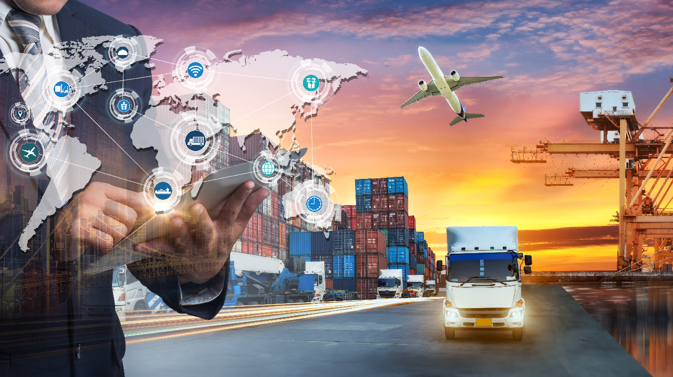 Executive with tablet, world map, shipping containers, port, truck