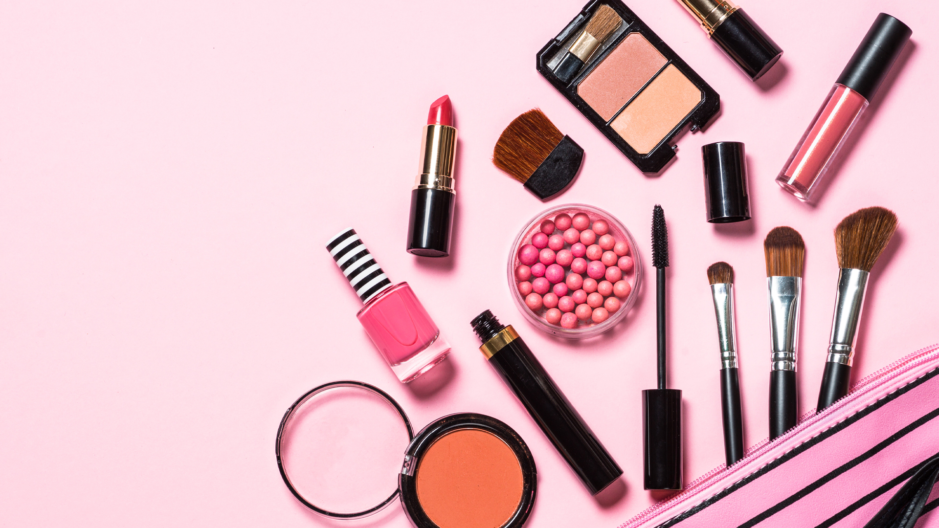 Makeup Professional Cosmetics on Pink Background