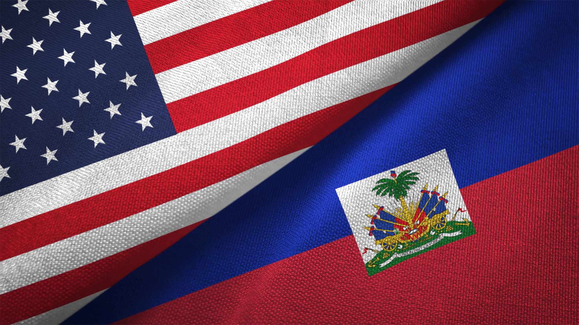 United States and Haiti two flags textile cloth, fabric texture Image