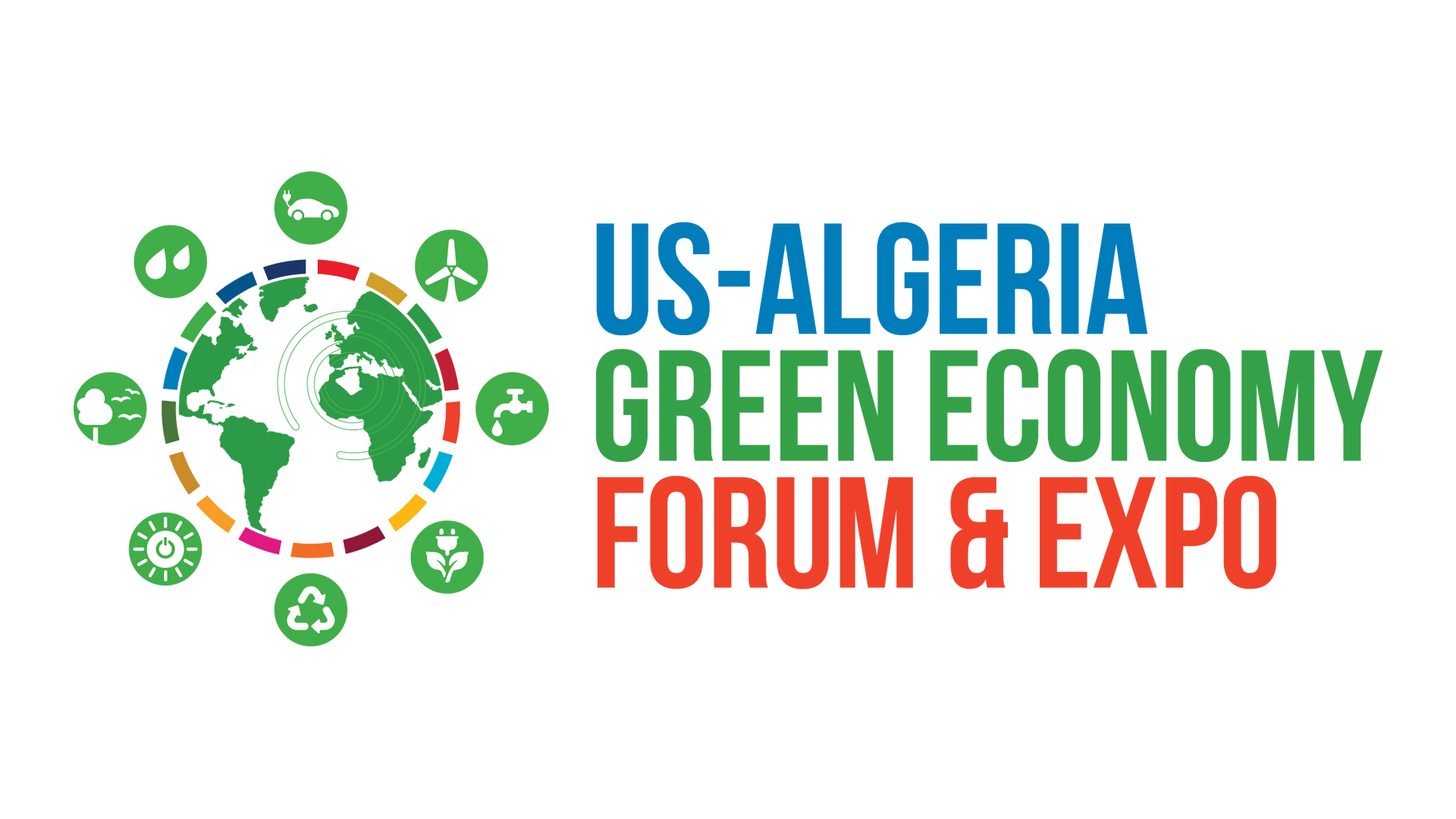 US Algeria Green Economy Forum and Expo with blue, green, red text color and green earth graphic