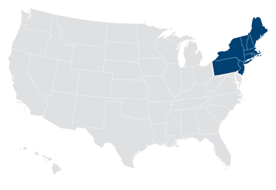 Map of the US showing the NorthEast states