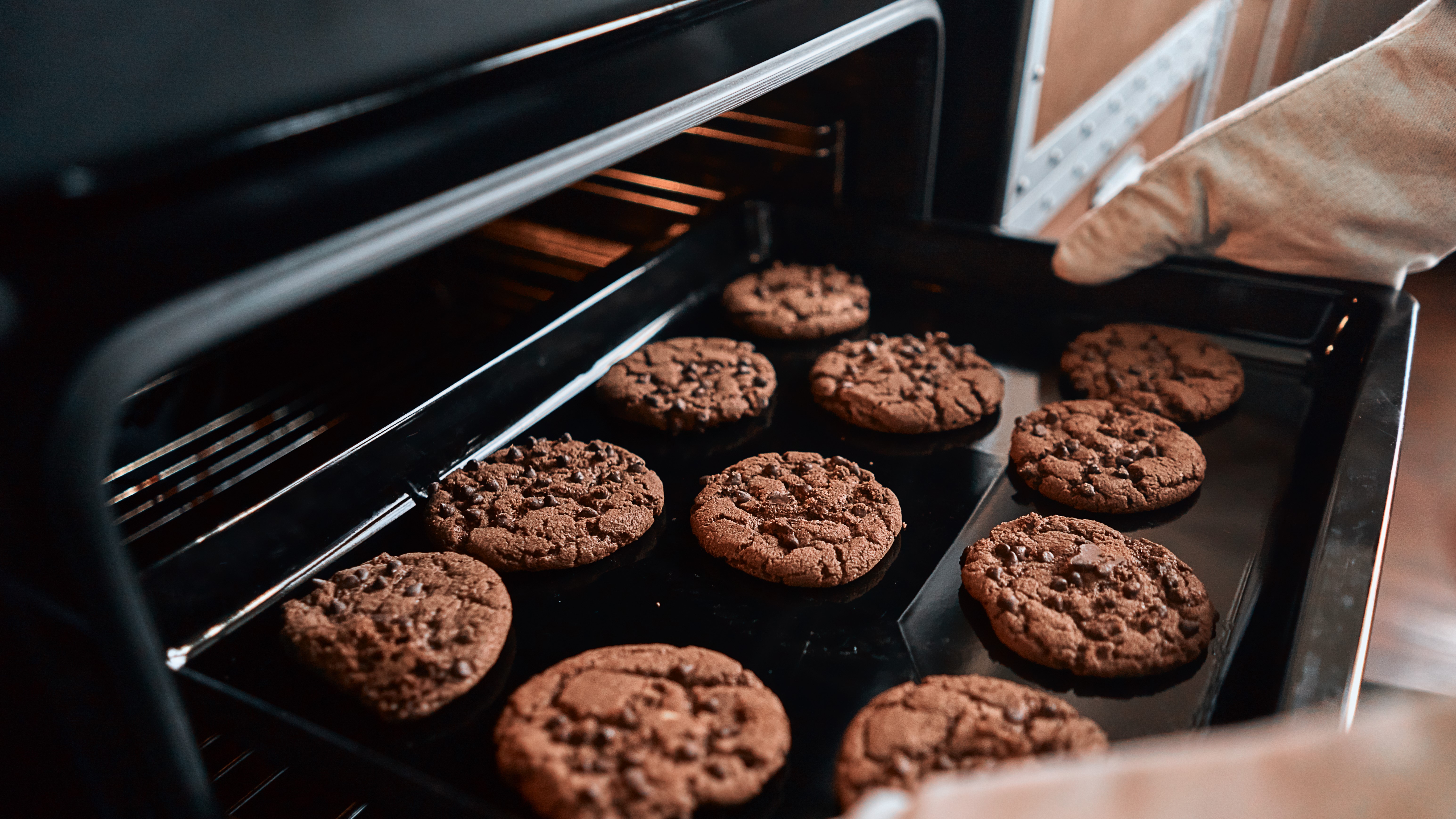 Chocolate cookies being taken out of the oven