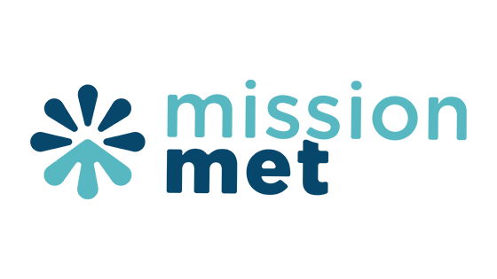 Logo of Mission Met which is text of the name in light blue and navy