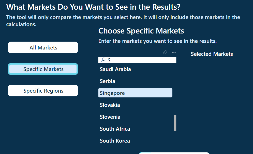 New Markets page in tool