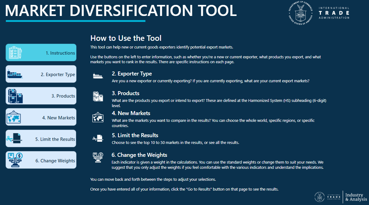 Screenshot of the results of the Market Diversification Tool opening screen