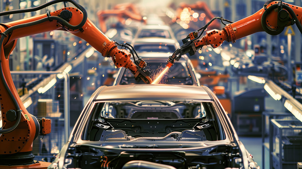 Advanced robotic arms welding on an automobile assembly line in a factory.