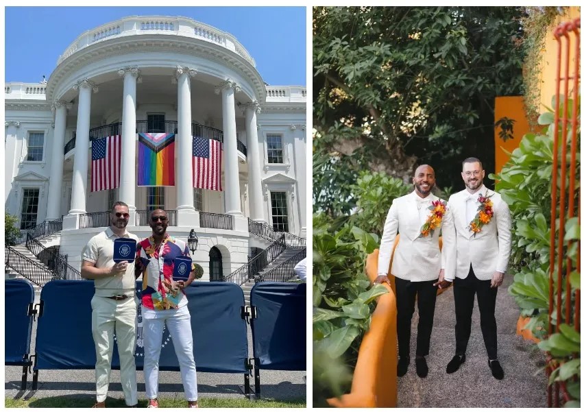 Two men at Pride event in D.C. on the left and on the right, two grooms in suits