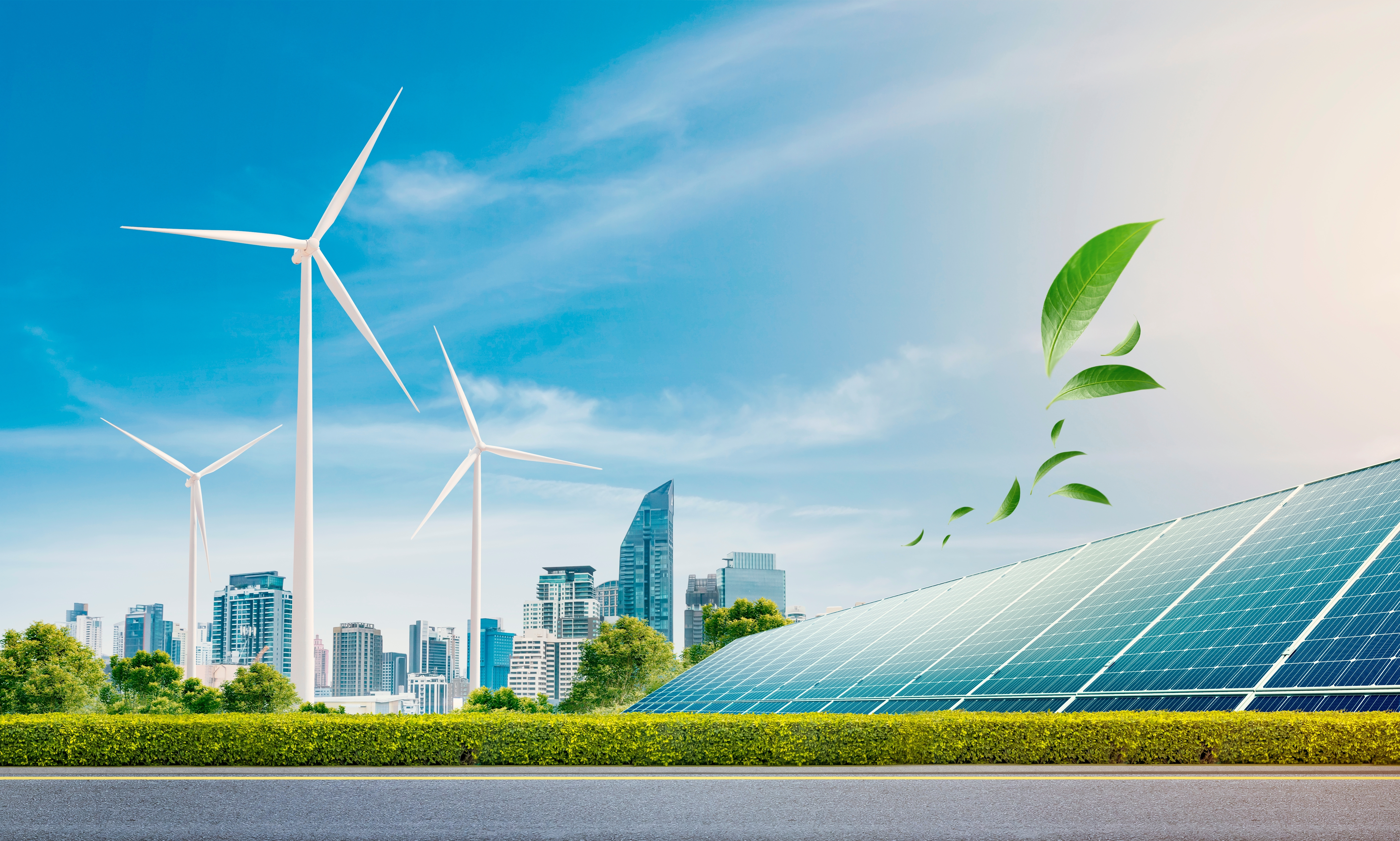 image depicting a cityscape in the background with wind turbines and solar panels in the foreground