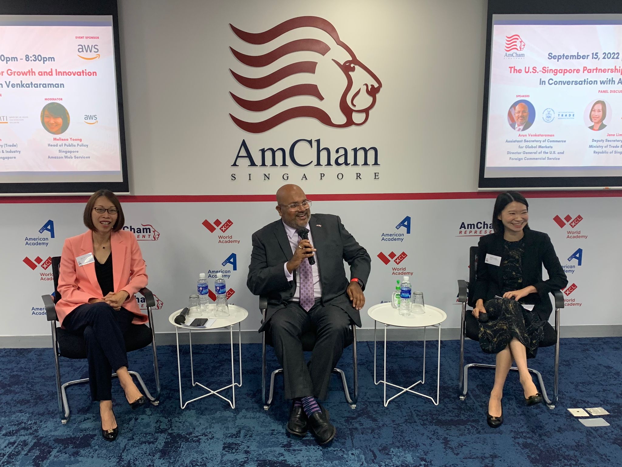 Assistant Secretary Venkataraman speaks during a panel discussion at the American Chamber of Commerce in Singapore.