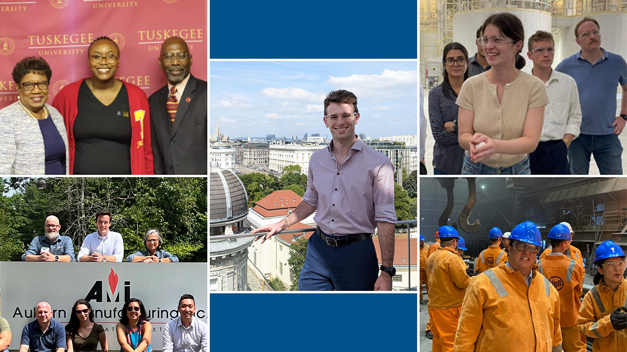 Photo collage of ITA trade specialists: Jayden Graham-White (upper left), Kathryn Krishnan (upper left), Norbert Gannon (lower right), Tom Conley (lower left – standing above the AMI sign), and Zachary Le Vene (center).