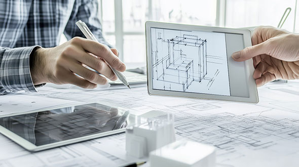 Designers using CAD software on tablet devices and creating sketches.