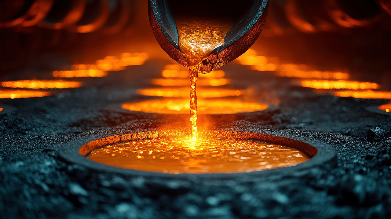 Molten liquid metal being poured into molds in a foundry, glowing bright orange, creating new metal products in an industrial environment.