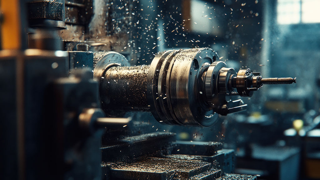 Industrial workshop scene with a rotor of an electric motor mounted on a lathe. The cutting tools are in action, producing fine metal filings as the lathe shapes the rotor.