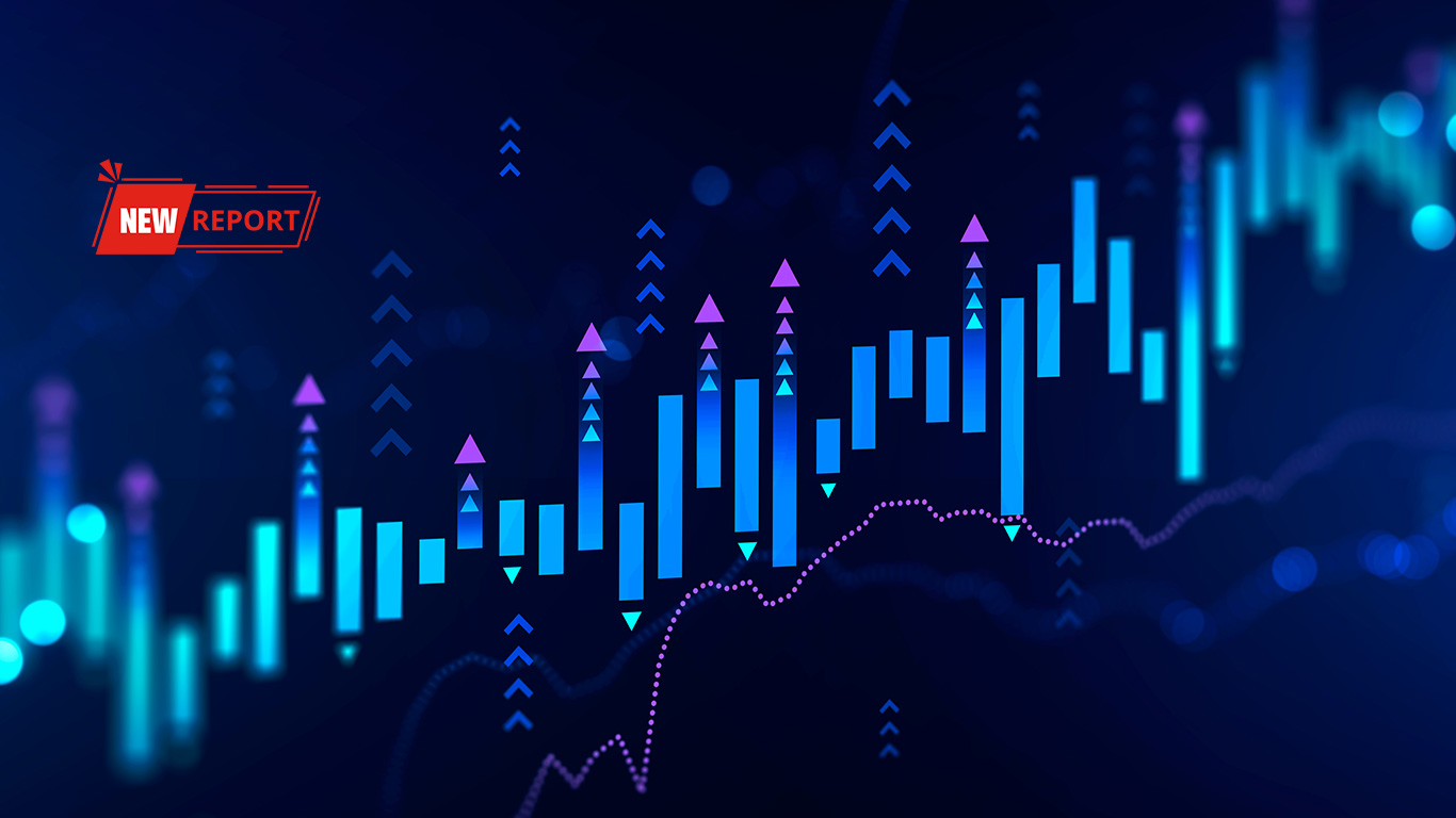 blue and purple line chart with red new report icon