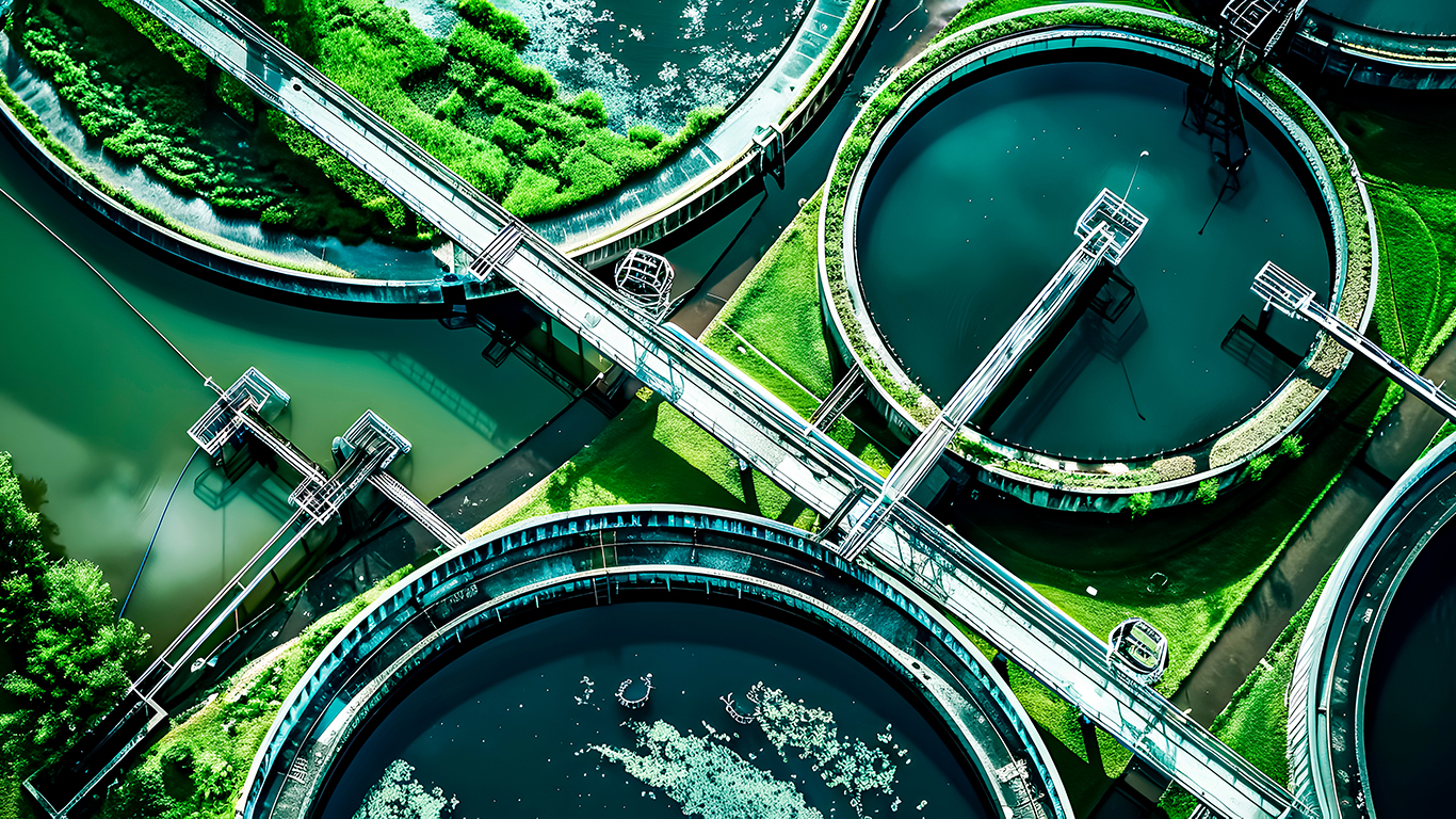 An aerial view of a water treatment plant