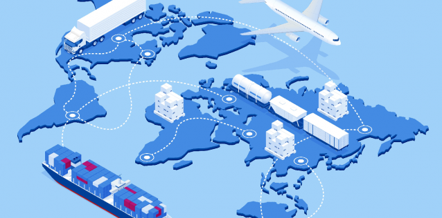 World map with plane, ship, train, truck, packages