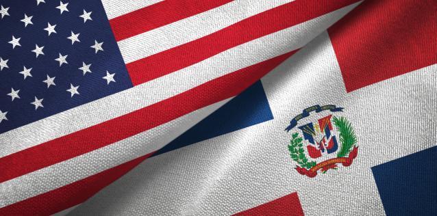 United States and Dominican Republic two flags textile cloth, fabric texture Image for Hero Box