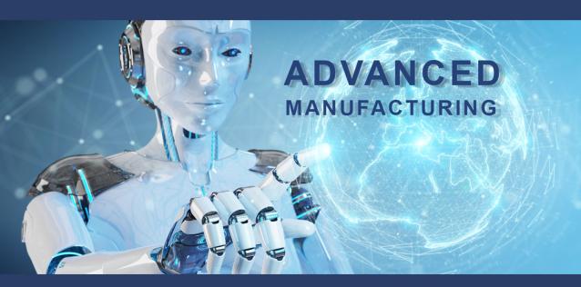 Robot with finger pointing at globe and text saying "Advanced Manufacturing"