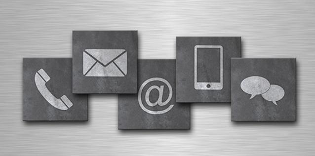 Five grey tiles, each with a different contact type icon: hardline phone, envelope, @, mobile phone, text bubbles