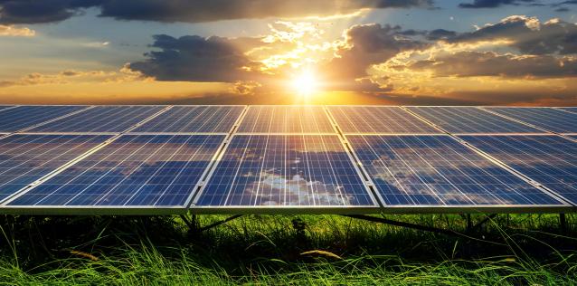 Solar panels on a grass with bright sun and sky in background. 