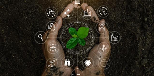Cupped hands filled with soil and a seedling surrounded by environmental and tech icons.