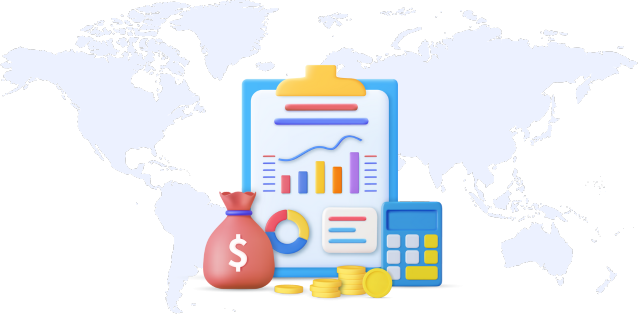 Light gray flat world map in the background with a multiple color money bag, chart on clip board and simple calculator graphics.