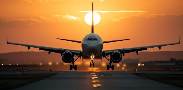 An airplane landing view from the front with a sunset in the background