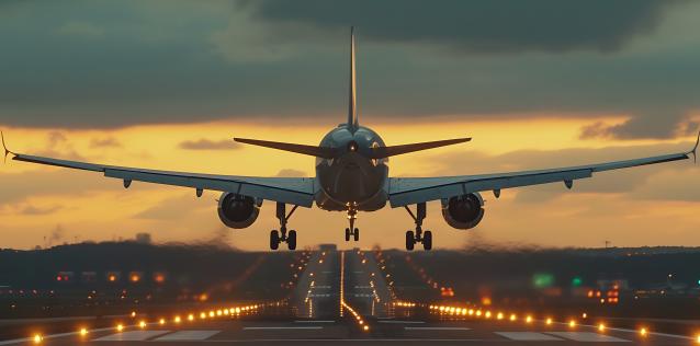 An airplane taking off view from behind.