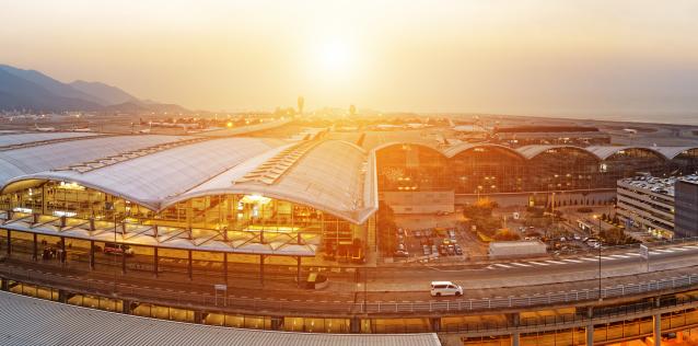 Panoramic view of Hong Kong airport at sunset