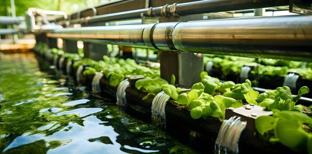 Closeup of wasterwater treatment system for recycling water in algae cultivation.