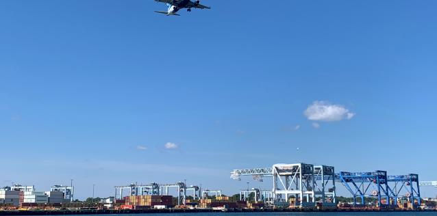 Boston Port with Airplane flying over