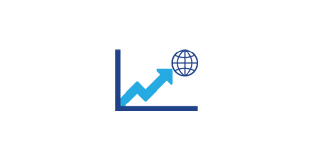 An icon showing a graph with a blue arrow pointing upward toward a globe.