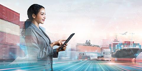Woman holding a tablet with different exporting transit options in the background