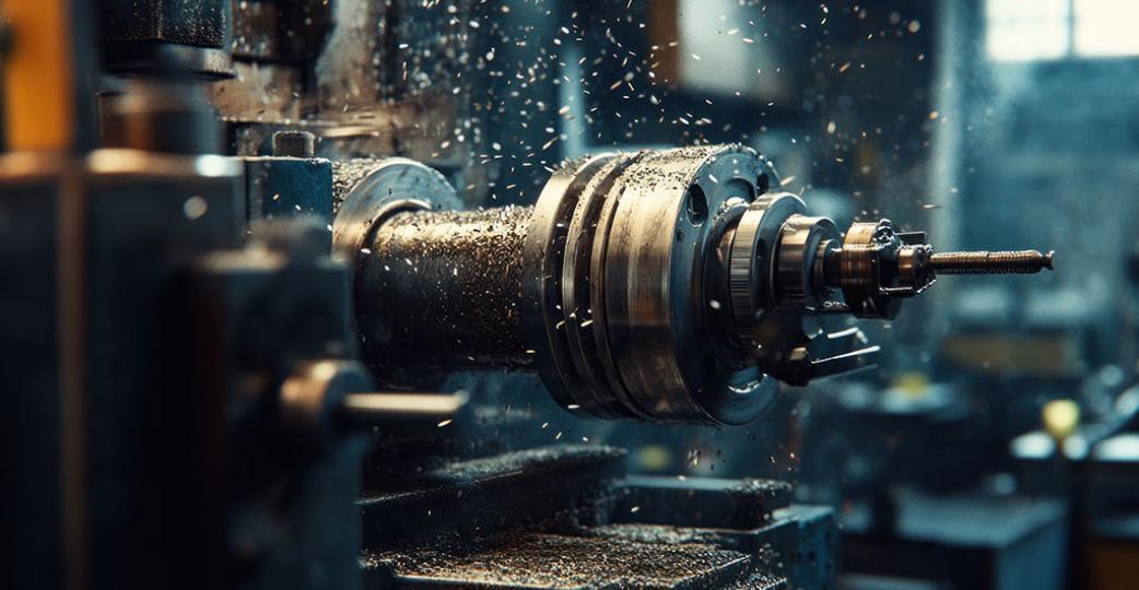 Industrial workshop scene with a rotor of an electric motor mounted on a lathe. The cutting tools are in action, producing fine metal filings as the lathe shapes the rotor.