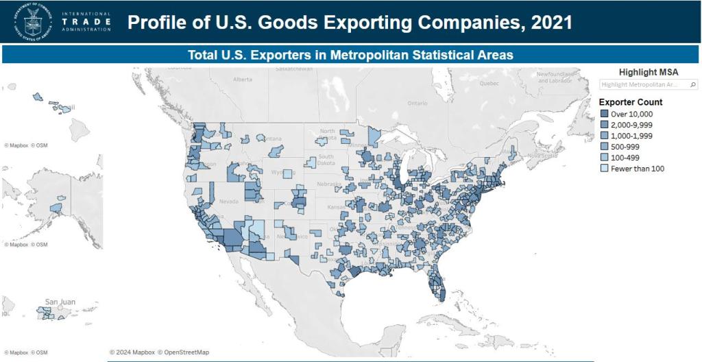 A screenshot of the 2021 map of U.S. exporting companies